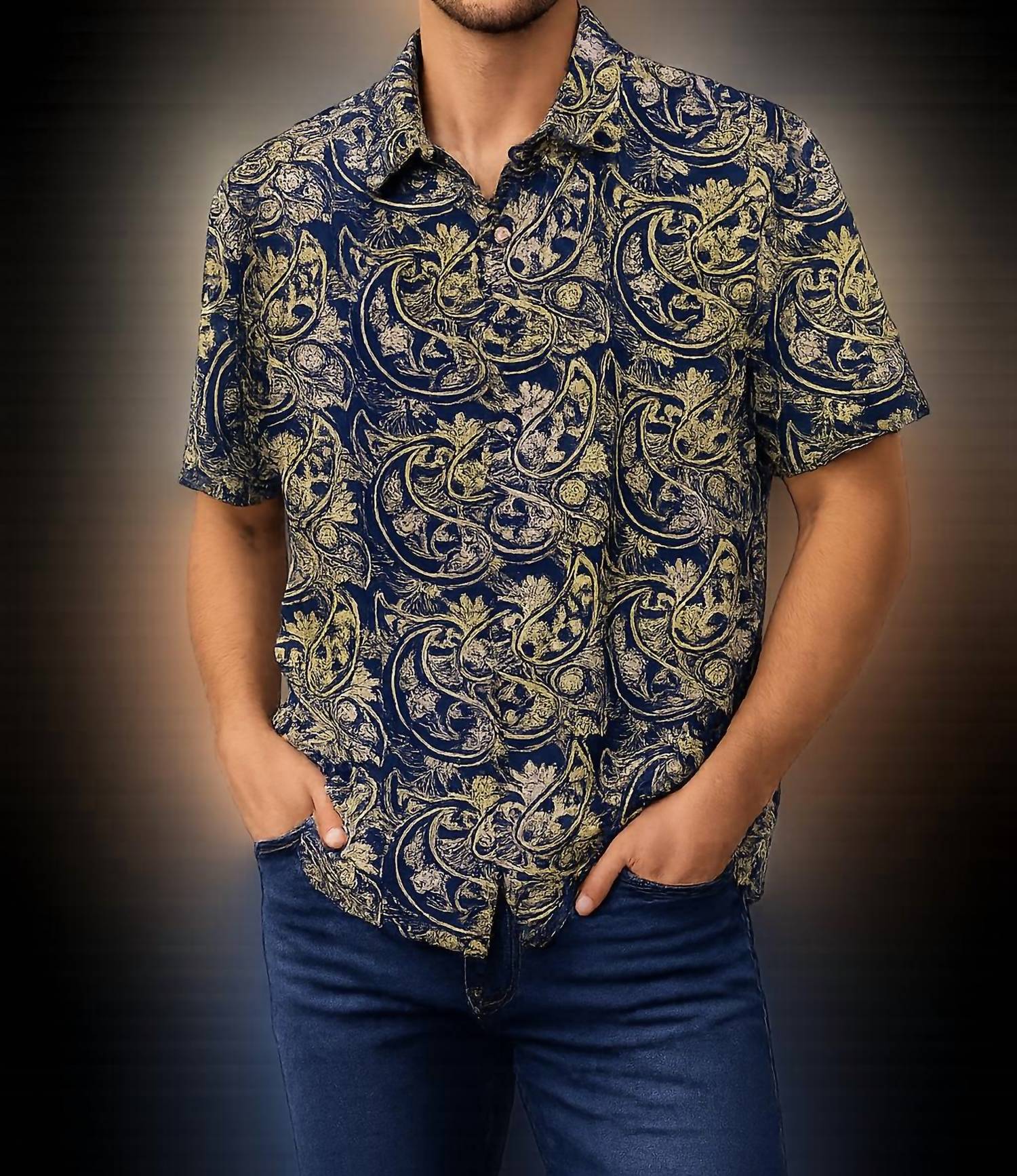R-Options Paisley Batik Short Sleeve Button Up Shirt in multi color - men's t-shirt