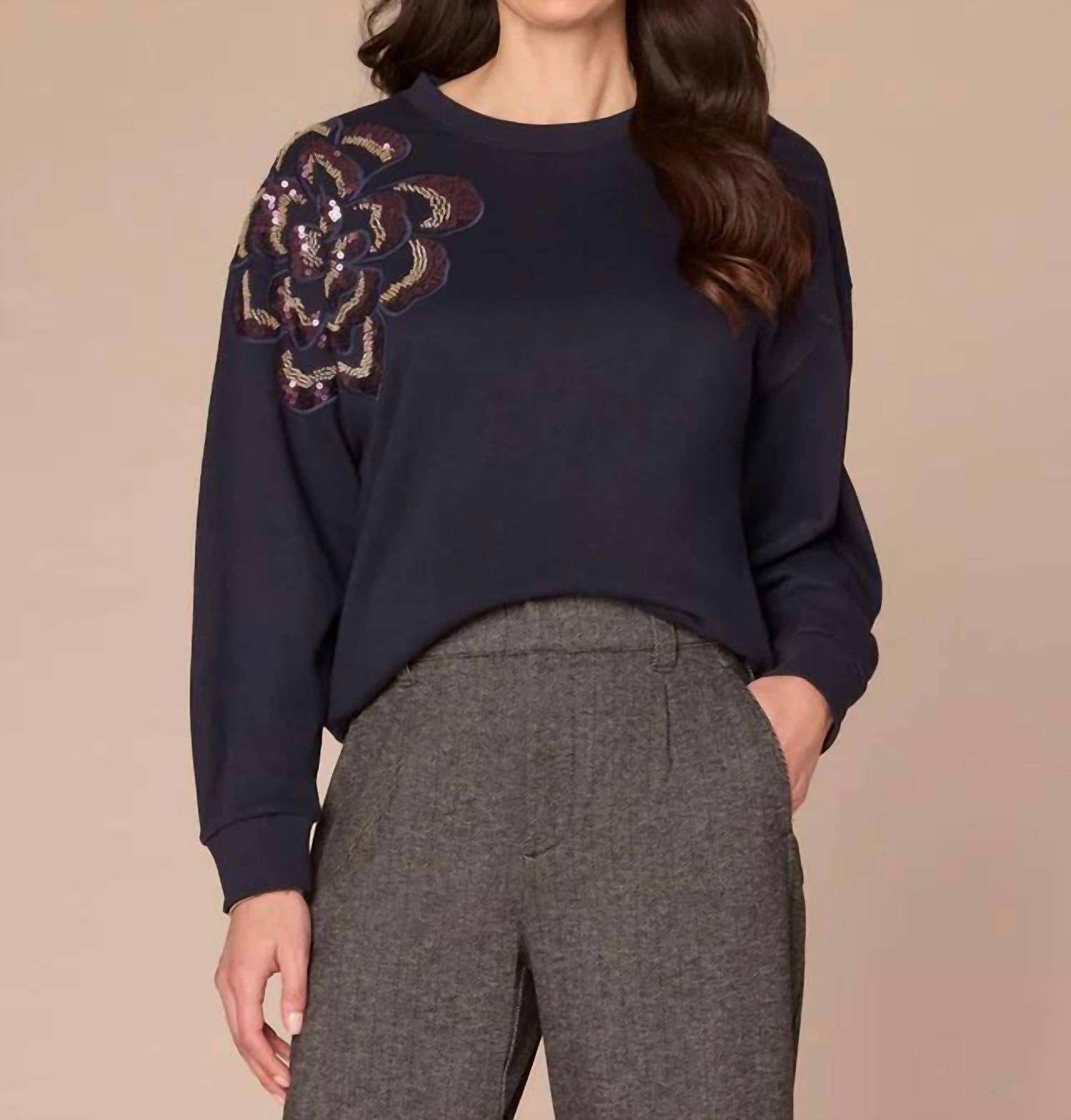 Democracy Long Sleeve Crew Neck Beaded Sweatshirt in deep navy - women's sweater