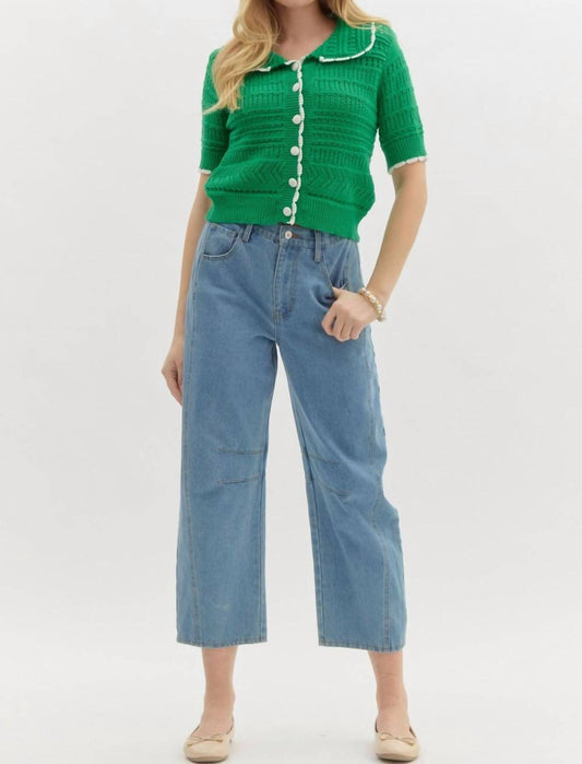 Entro - Solid Pointelle Sweater Knit Top