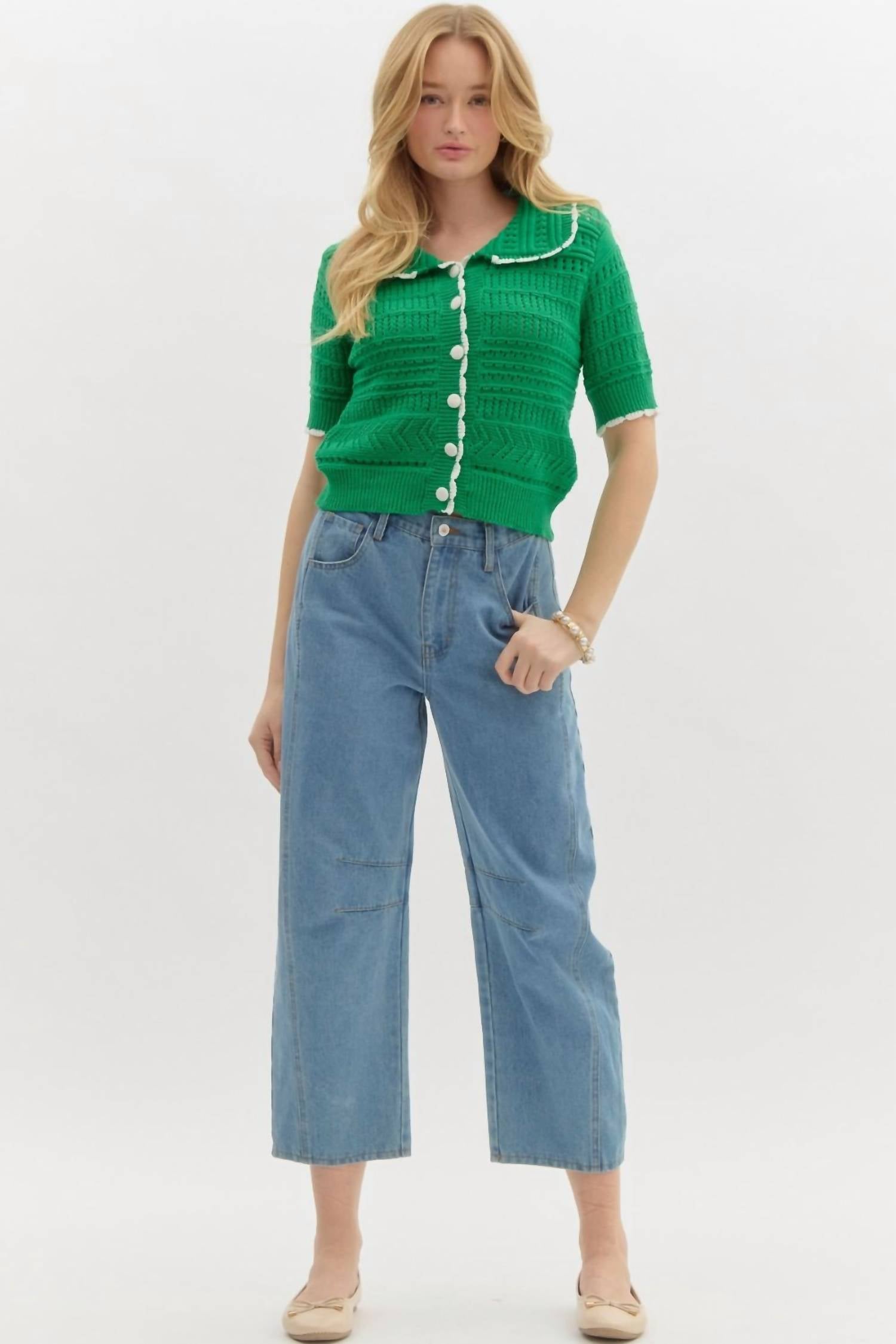 Entro - Solid Pointelle Sweater Knit Top