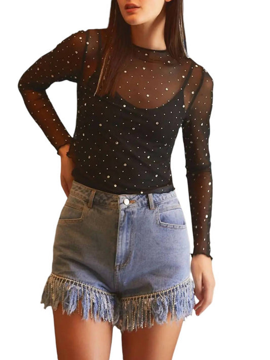 Full Time Purchase - Rhinestone Sheer Mesh Long Sleeve Top