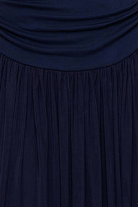 Betsy & Adam - Strapless Ruched Bodice Mesh Overlay Floor Length Dress