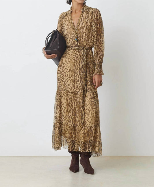 Suncoo - Cosmos Long Leopard Print Belted Dress