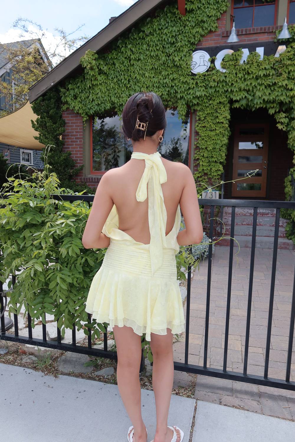Sky To Moon - Floral Embossed Halter Open Back Mini Dress