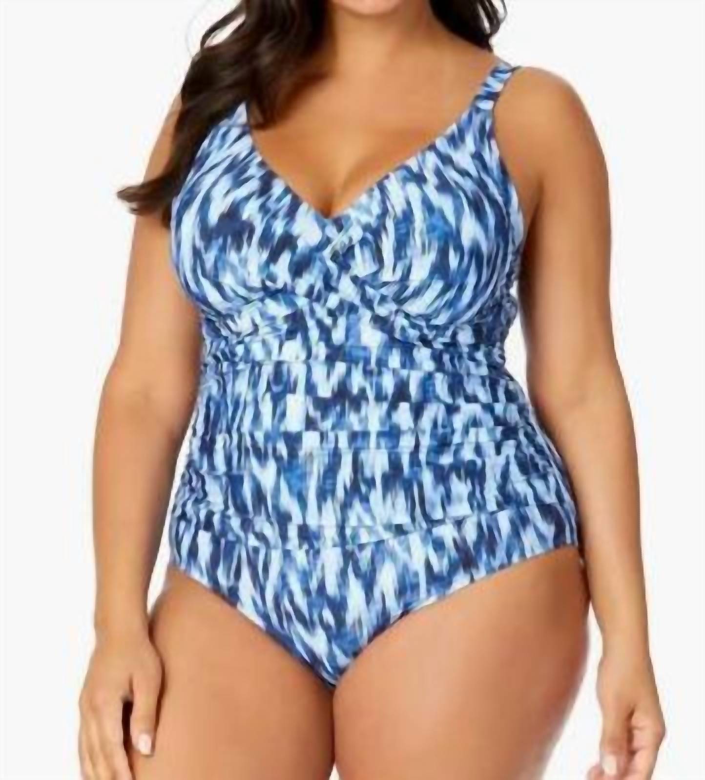 Anne Cole Ikat Hidden Underwire Drape Front One Piece Swimsuit in blue white - women's swimwear