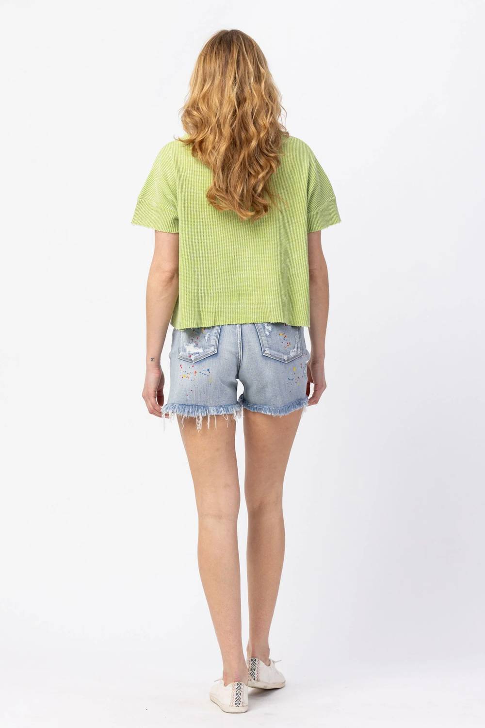 Judy Blue - Mid Rise Rainbow Paint Splash Cutoff Destroyed Shorts