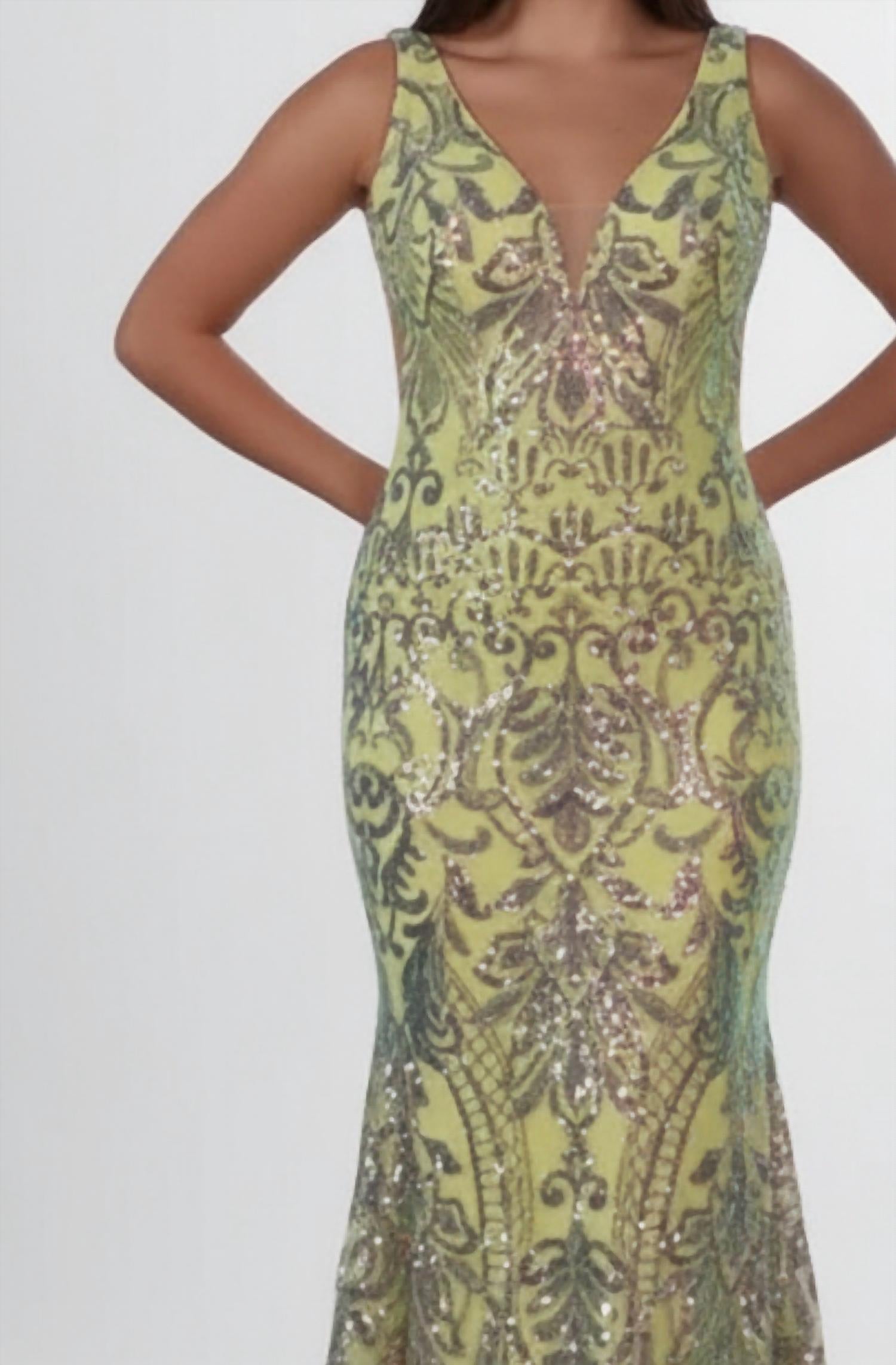 Jovani - V Neck Open Back Dress