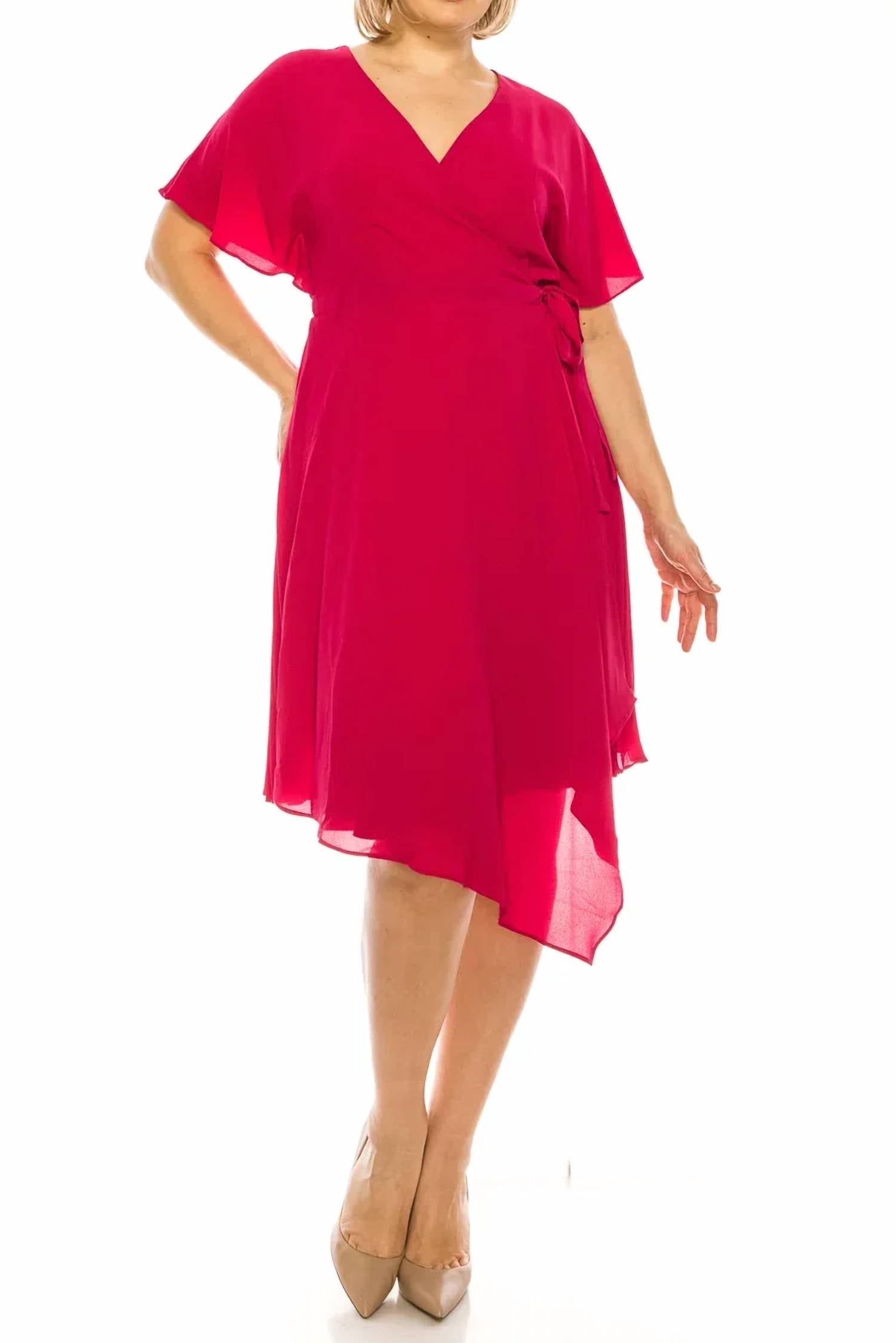 Maggy London - Short Flutter Sleeve Pleated Midi Wrap Dress