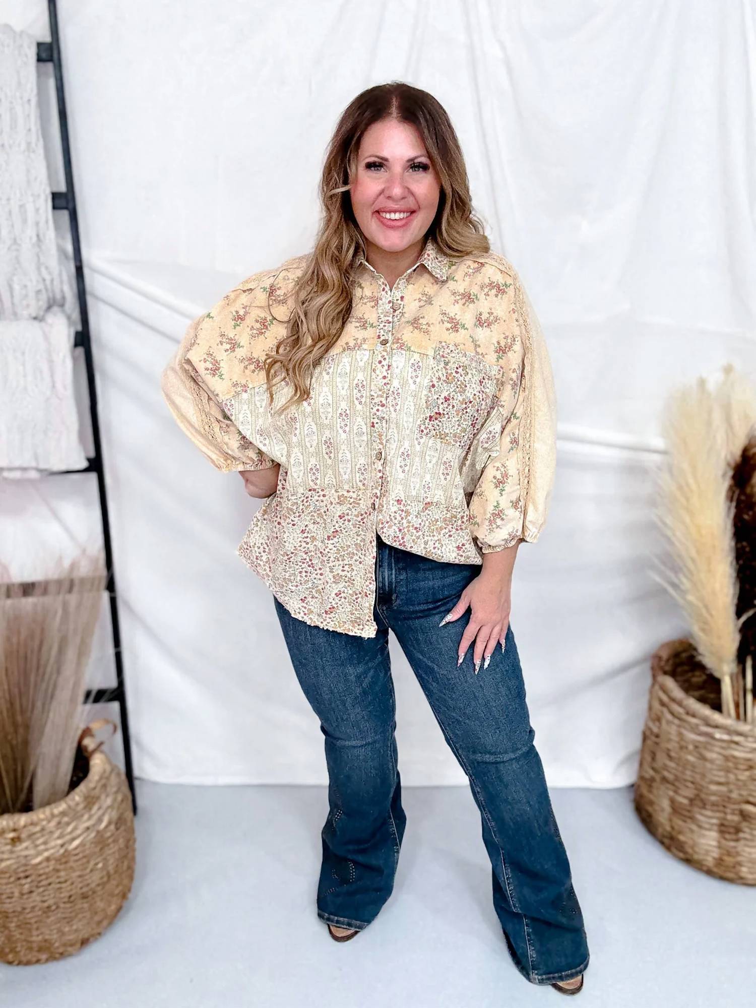Easel - Mineral Washed Patchwork Floral Print Button Down Top