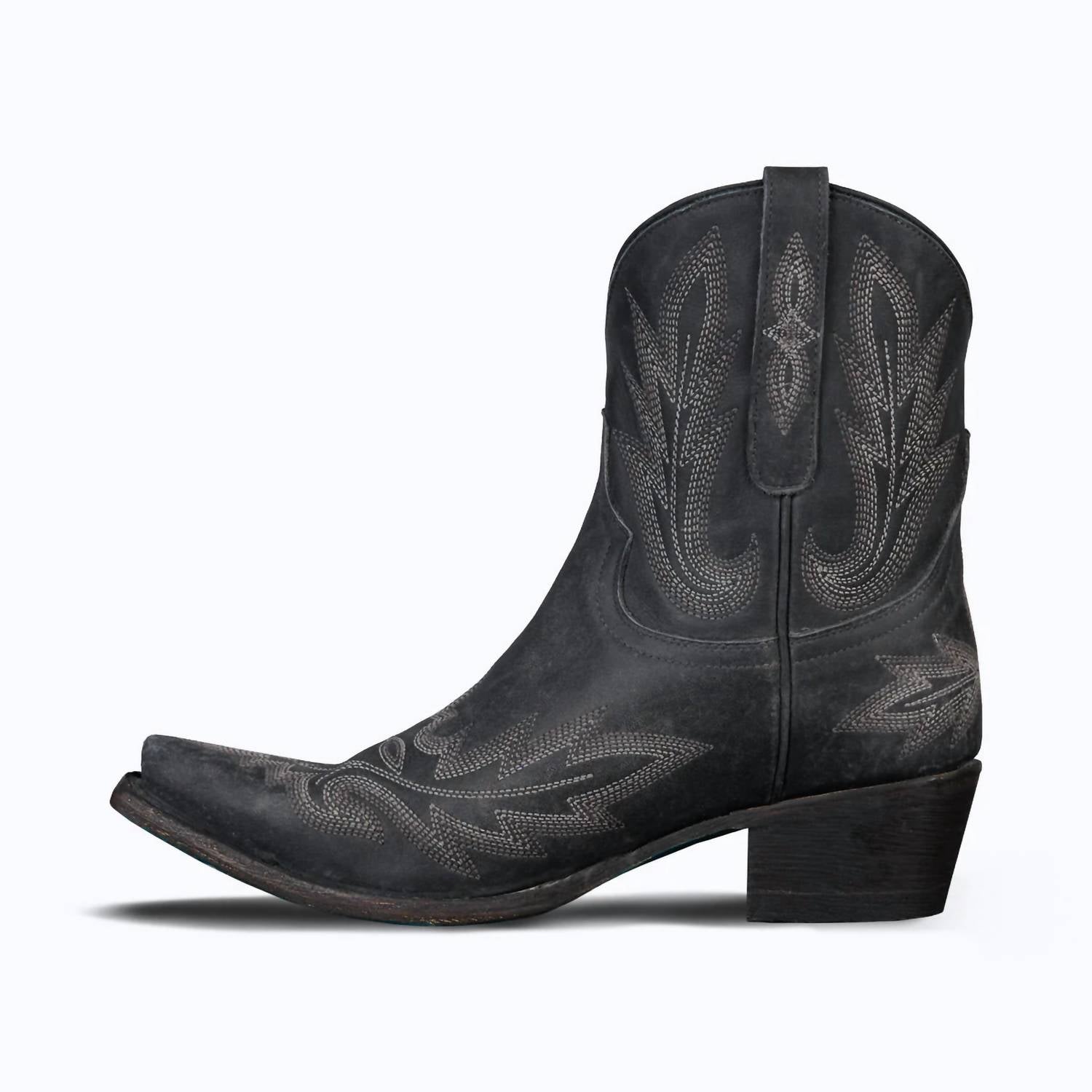 Lane Boots Women's Lexington Western Bootie in distressed black - women's shoe - detail view