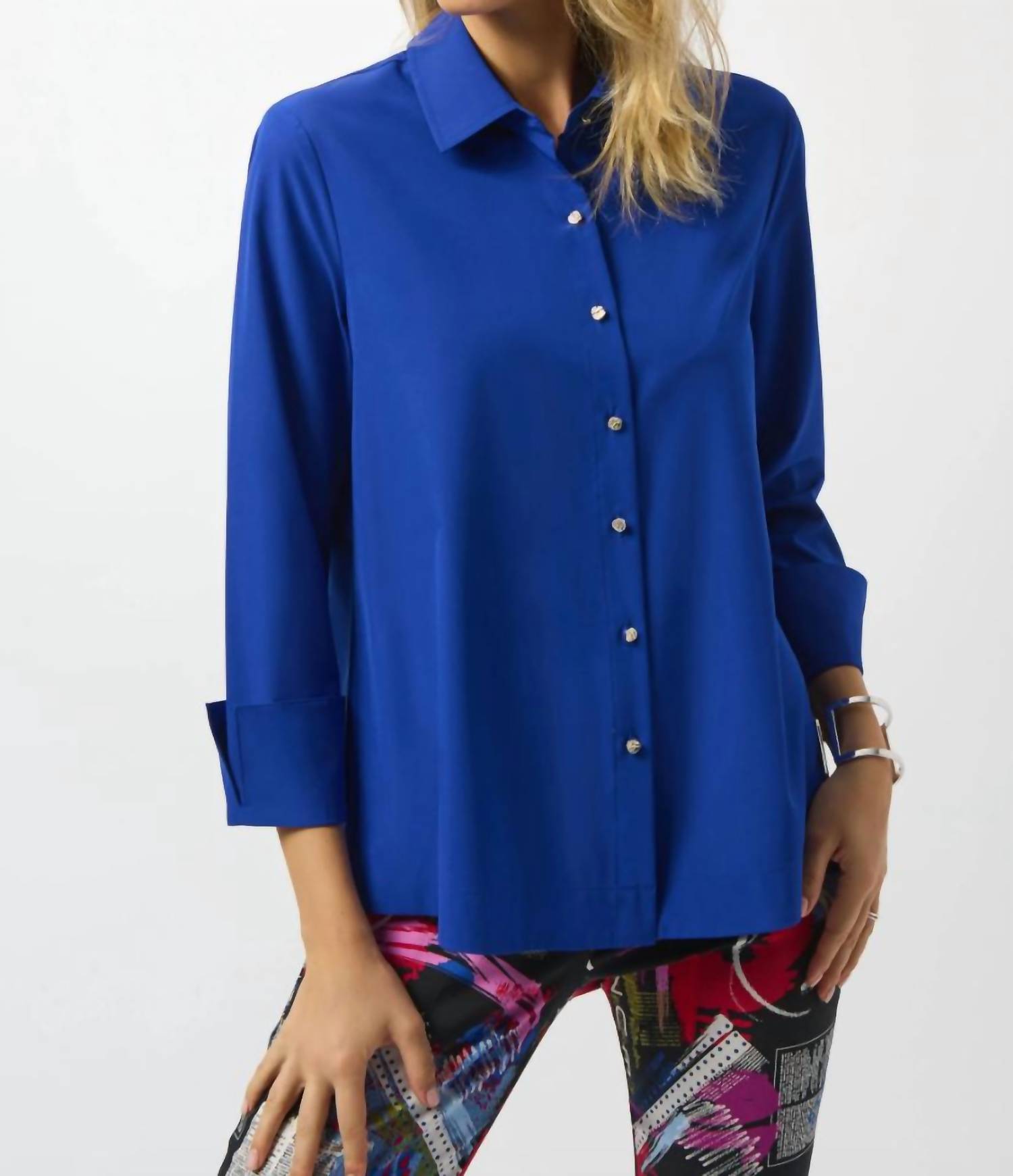 Joseph Ribkoff Stretch Poplin Button-front Boxy Blouse in royal sapphire - women's blouse