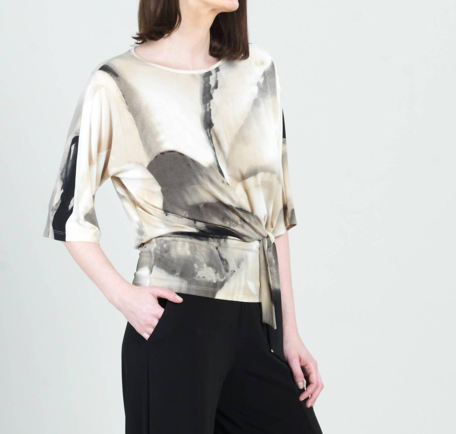 CLARA SUNWOO Watercolor Knit Shirt With Side Tie in taupe multi - women's blouse - detail view