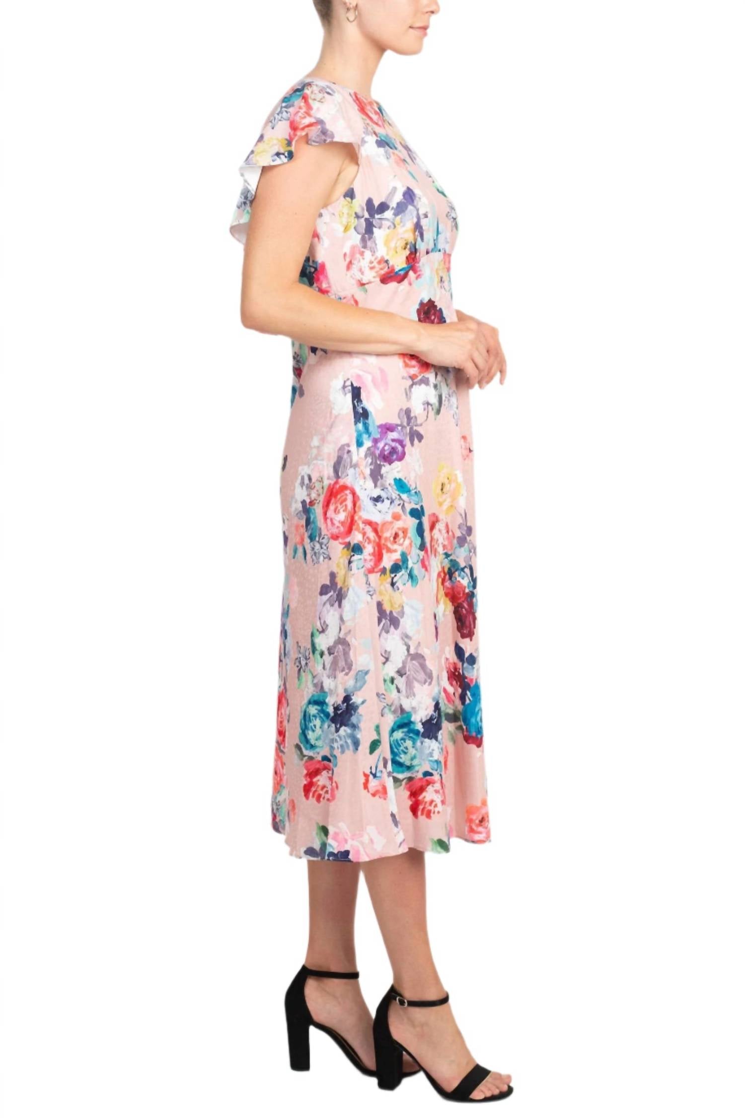 Adrianna Papell - Soft Pleated Floral Print Empire Waist Midi Dress
