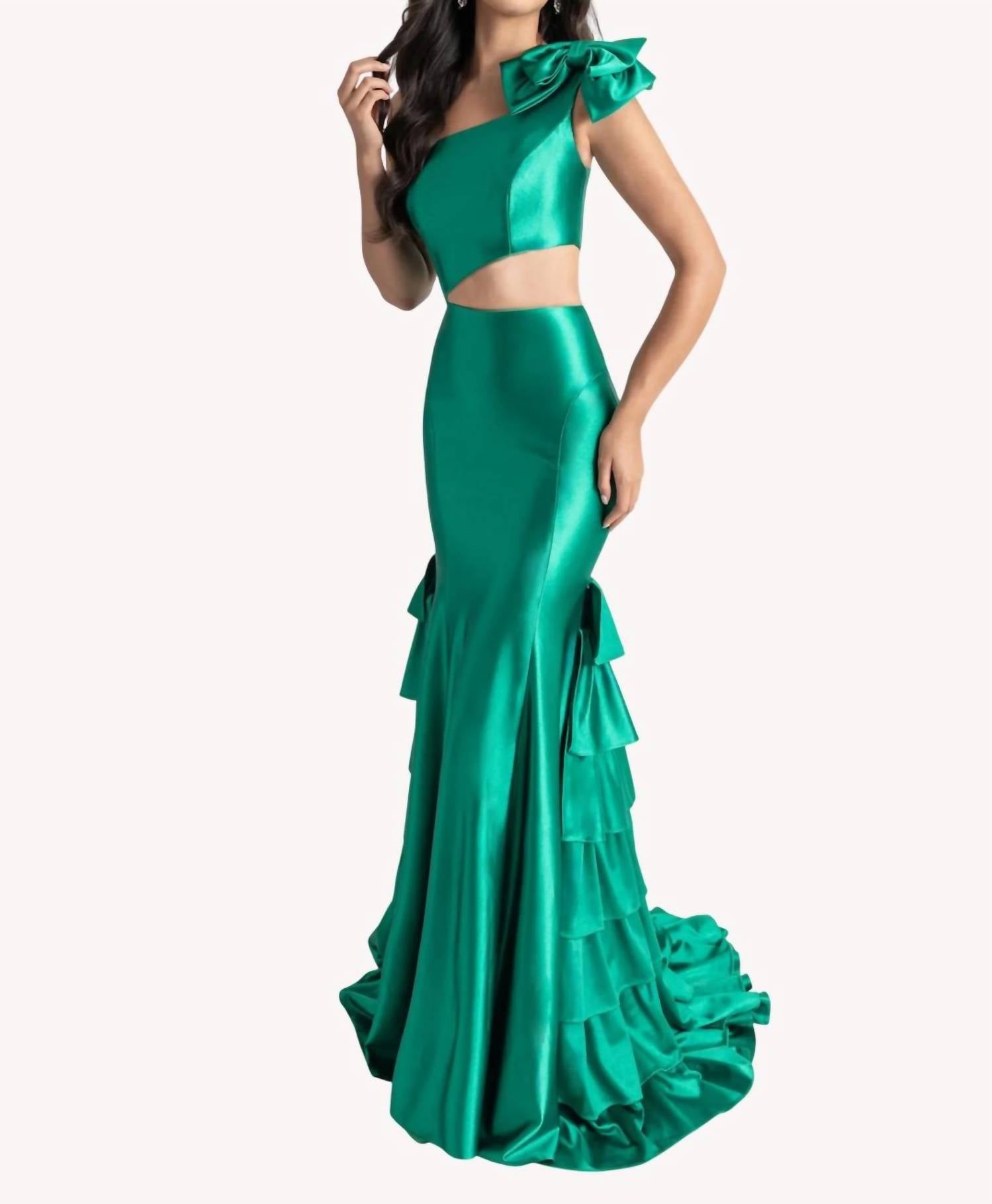 Rachel Allan One Shoulder Fitted Satin Prom Dress in emerald - women's dress