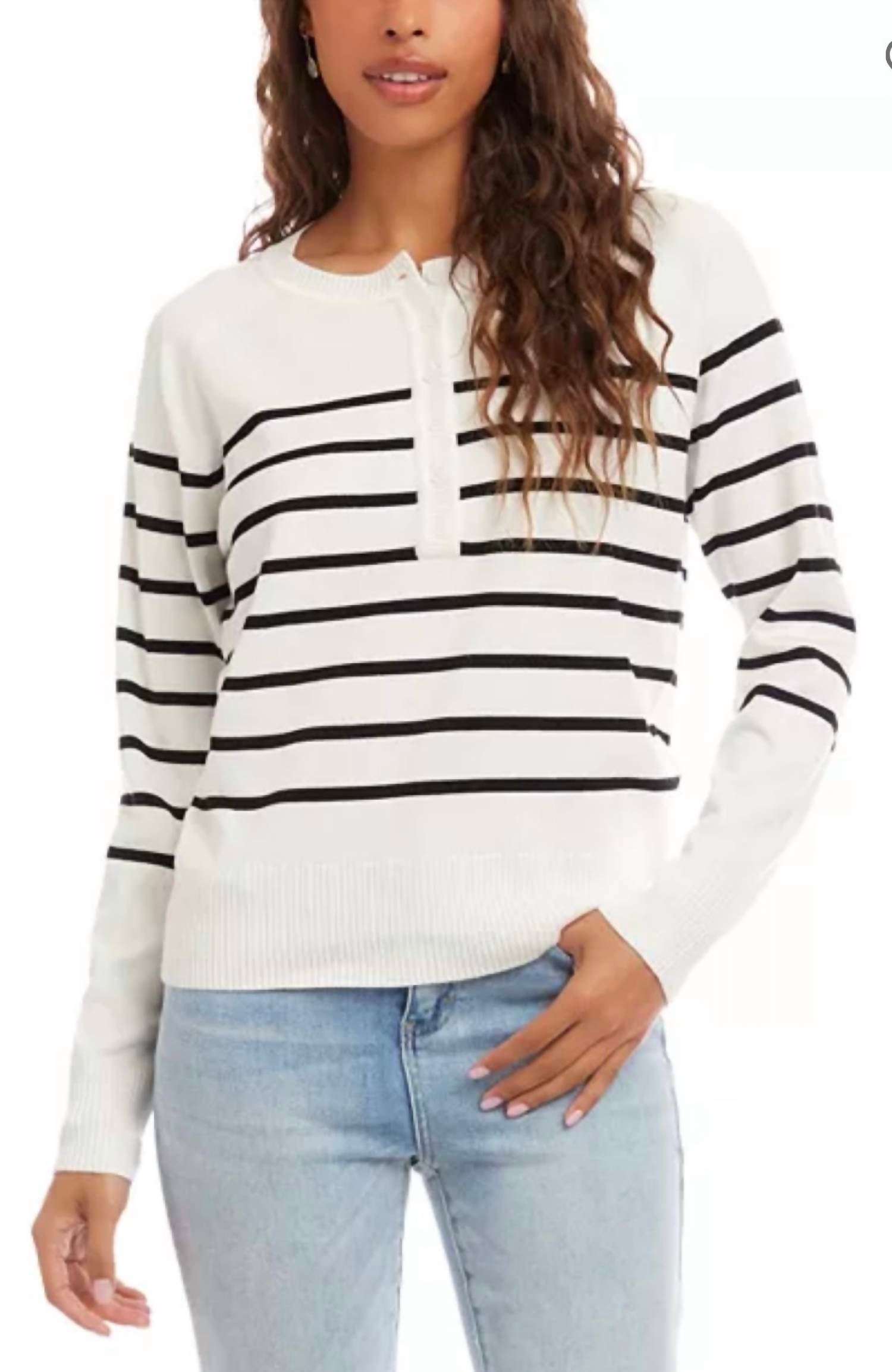 Karen Kane stripe henley sweater in off white and black - women's sweater - alternate view