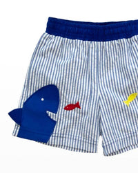 Florence Eiseman Boys' Seersucker Shark Swim Trunk in blue white - kids' item - detail view