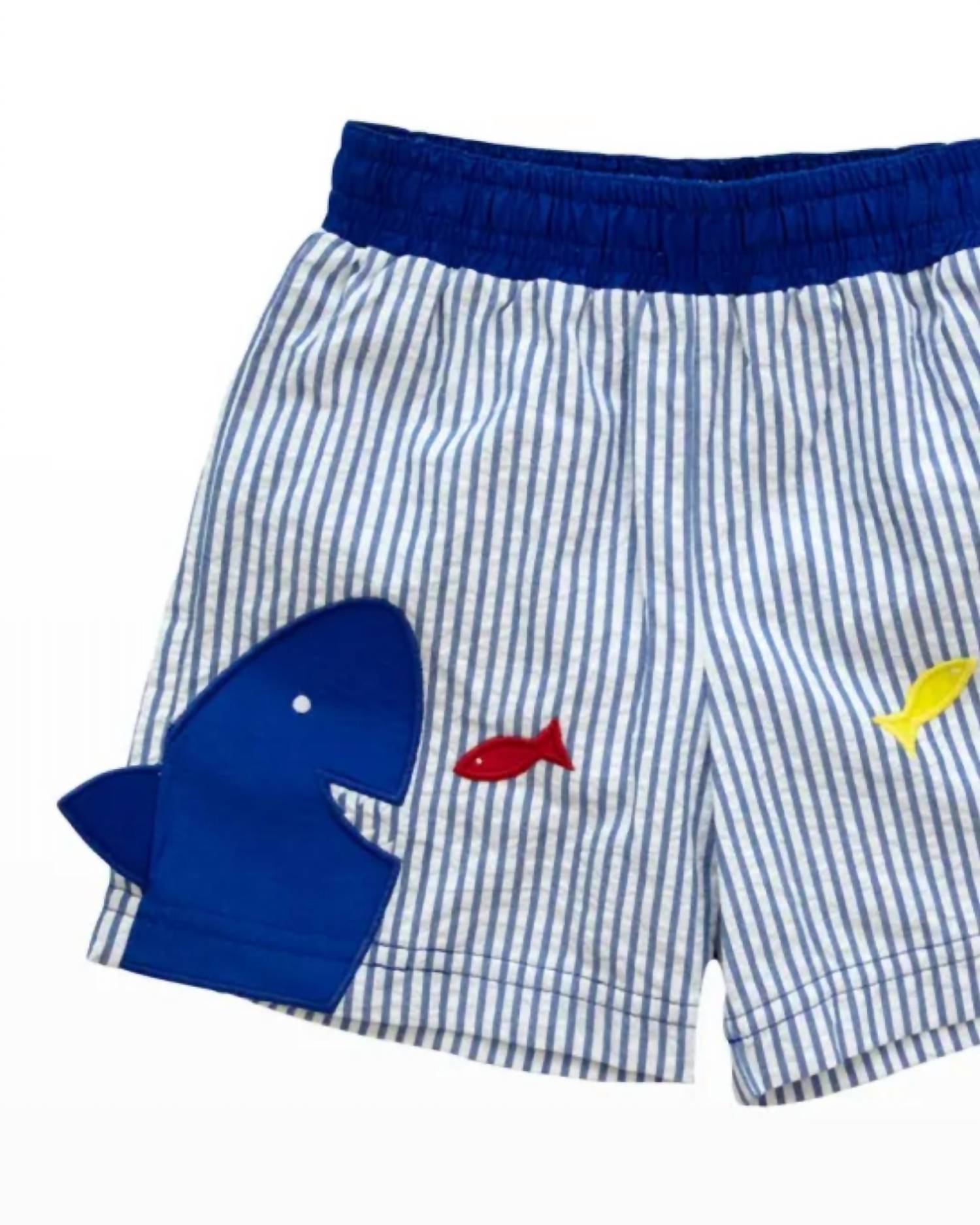 Florence Eiseman Boys' Seersucker Shark Swim Trunk in blue white - kids' item - detail view