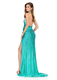 ASHLEYlauren Beaded Halter Jersey Gown With Slit & Bow in aqua - women's dress - alternate view