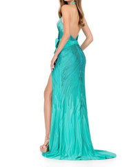 ASHLEYlauren Beaded Halter Jersey Gown With Slit & Bow in aqua - women's dress - detail view