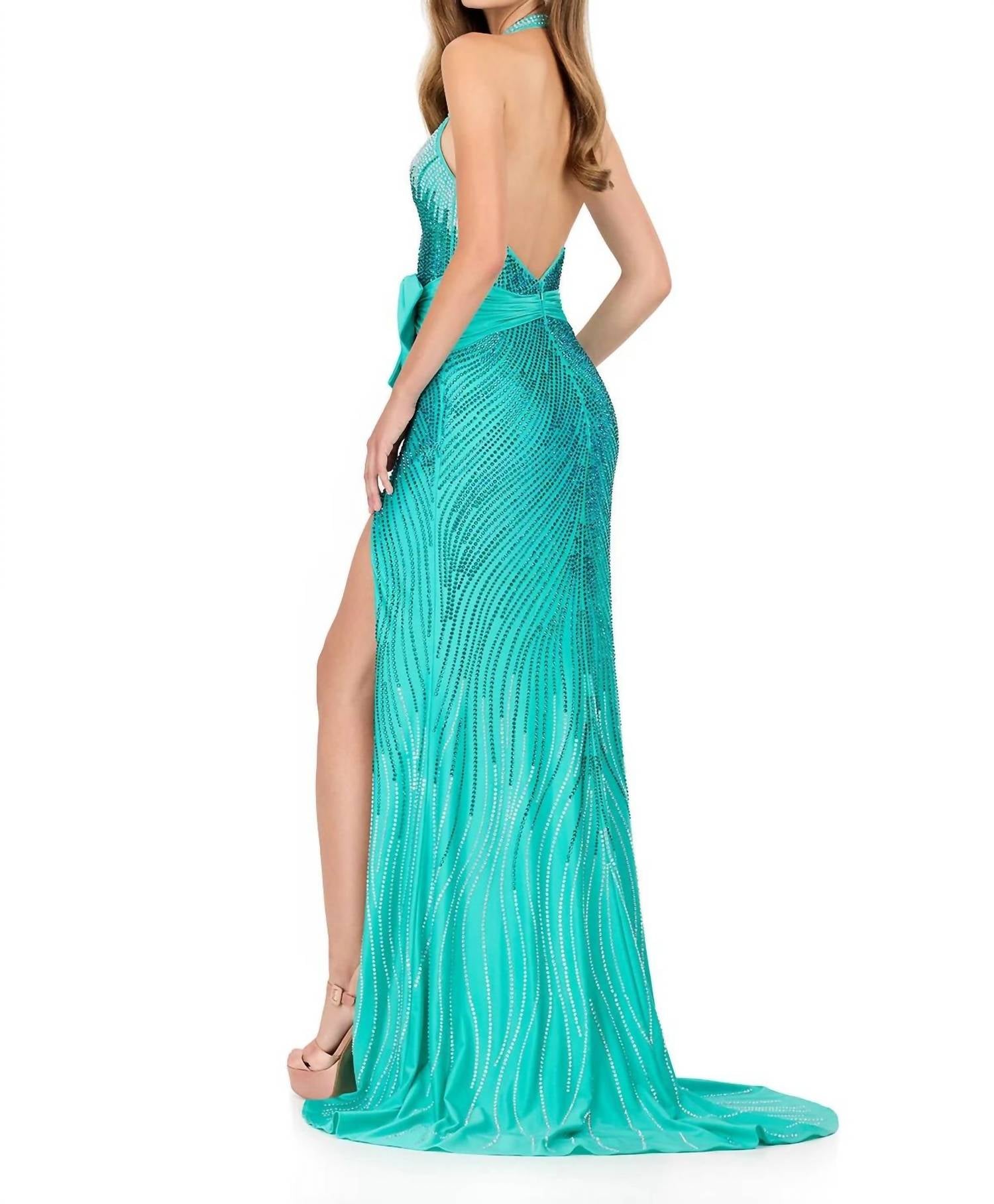 ASHLEYlauren Beaded Halter Jersey Gown With Slit & Bow in aqua - women's dress - detail view