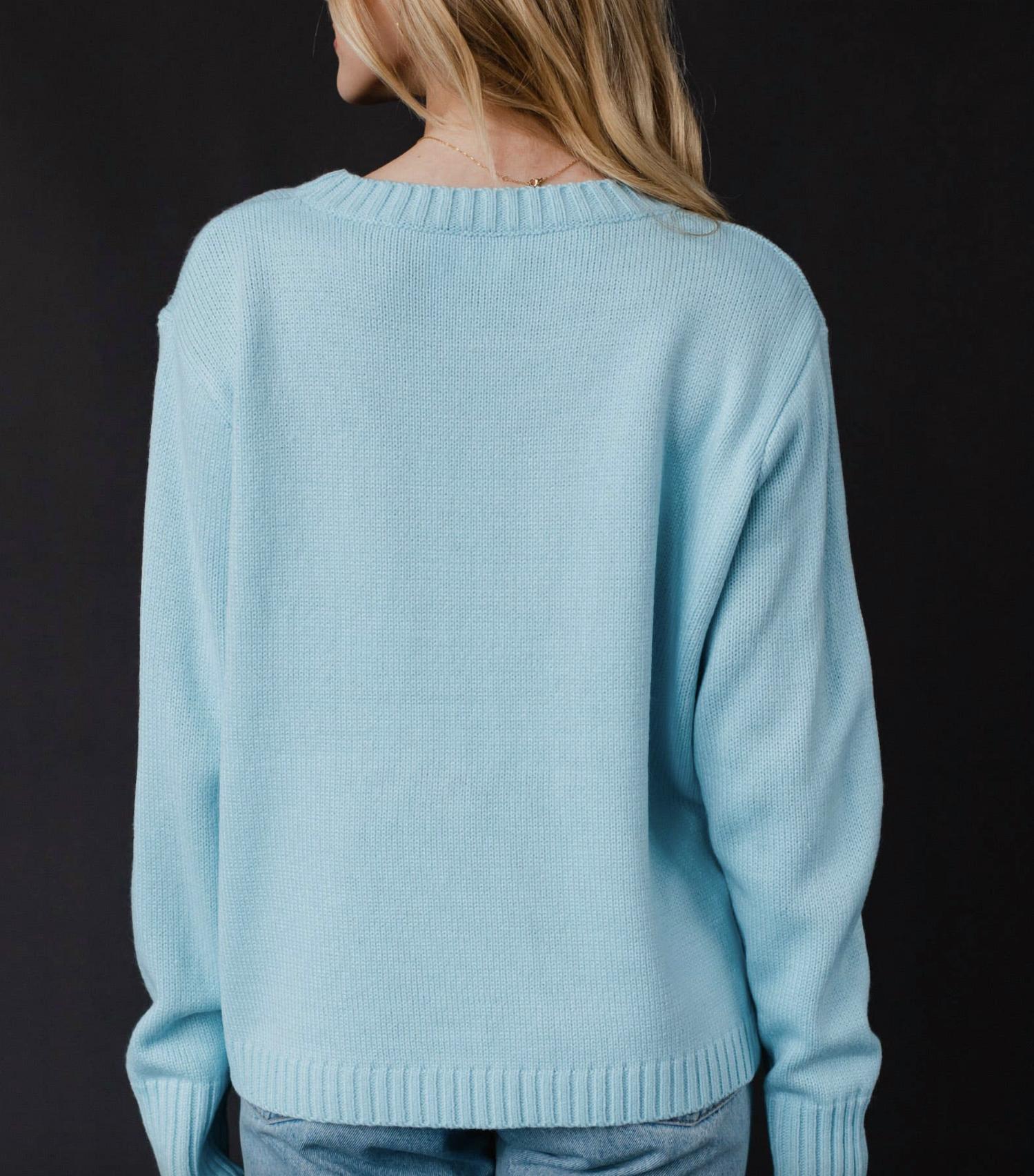Panache Apparel Apres Ski Knit Sweater in light blue - women's sweater - detail view