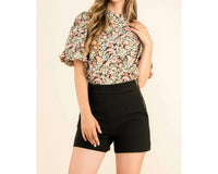 Thml - Floral Print Puff Sleeve High Neck Top With Short Sleeve