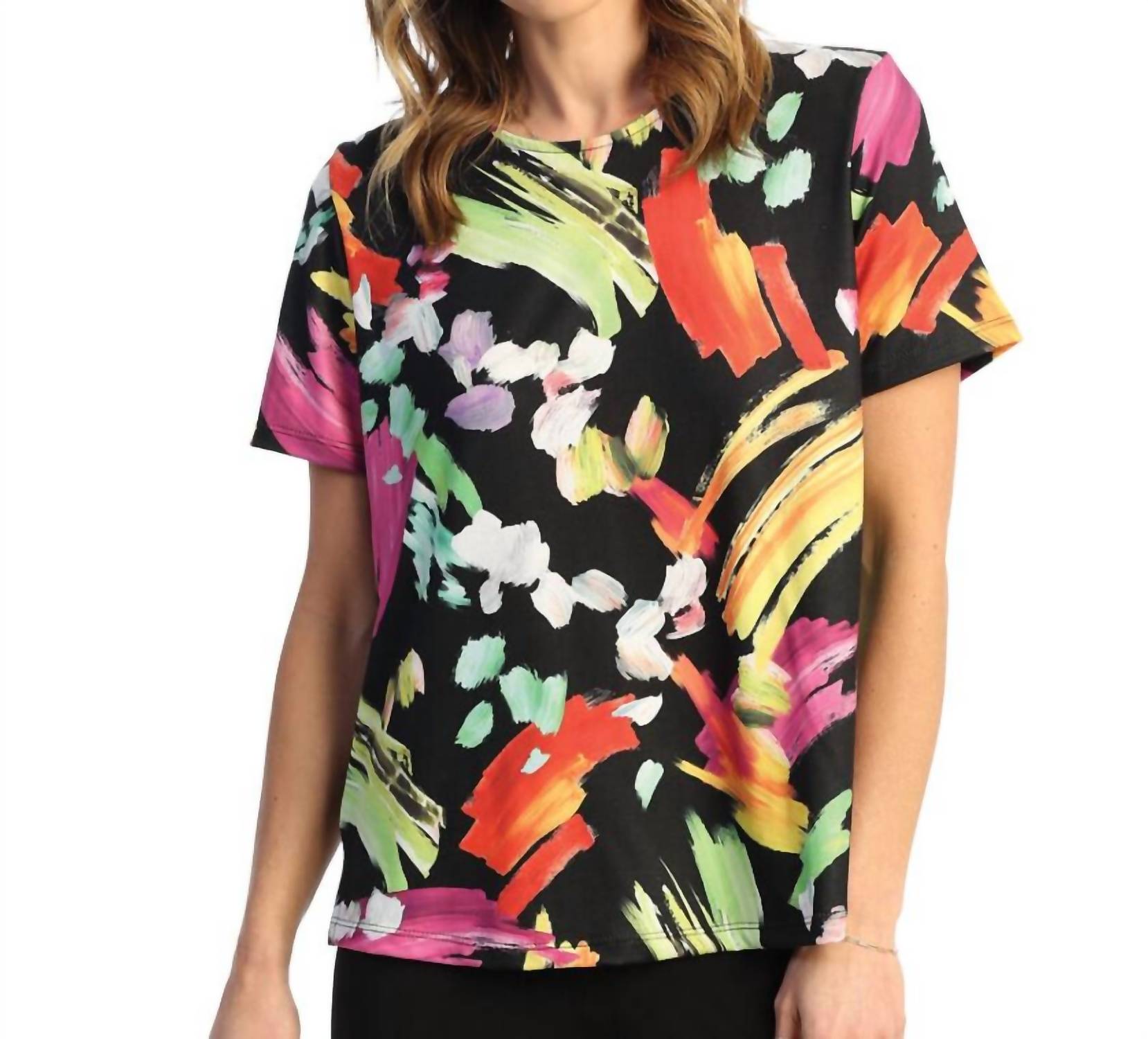 Jess & Jane Blossom Short Sleeve Top in black mix - women's t-shirt - detail view