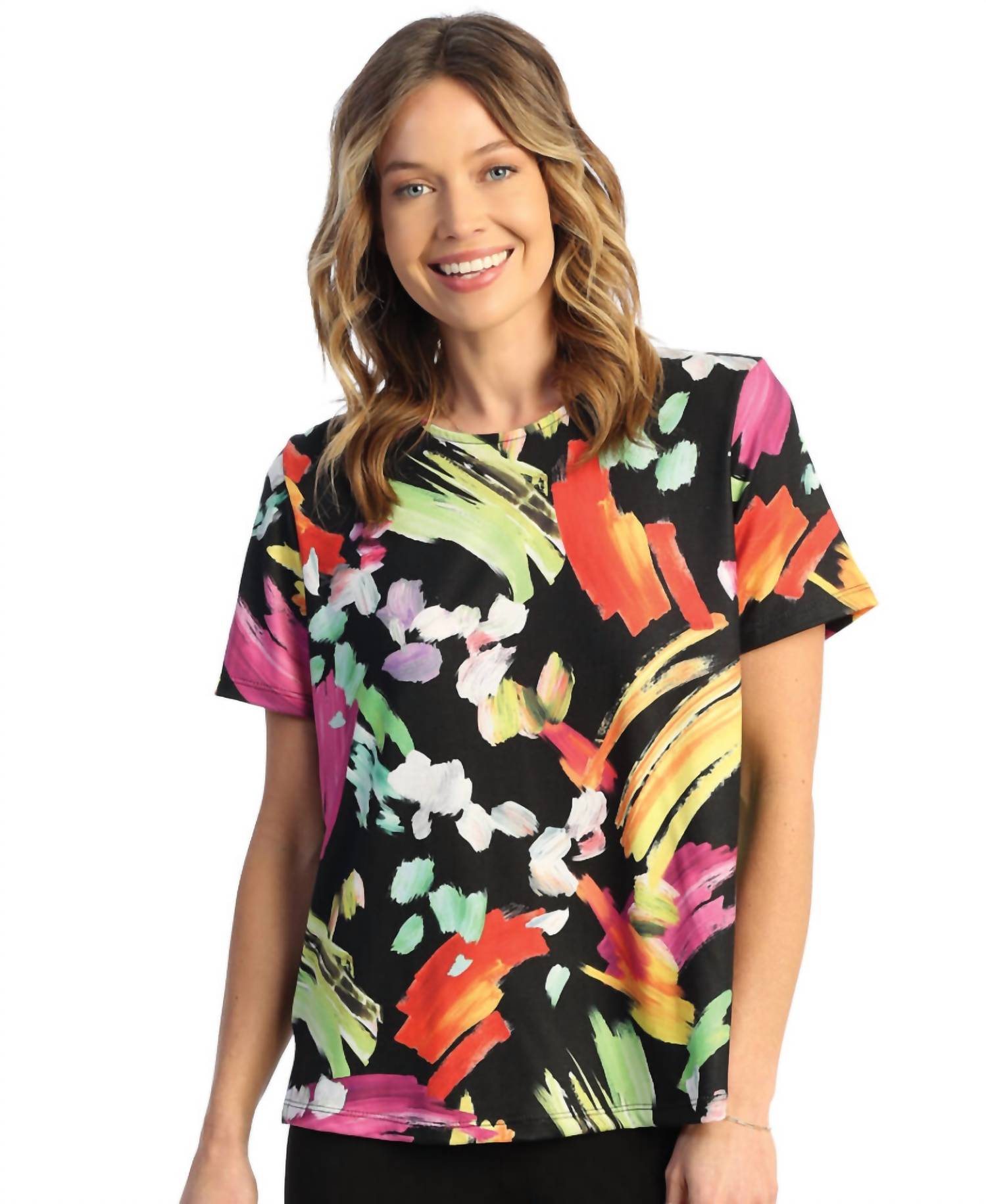 Jess & Jane Blossom Short Sleeve Top in black mix - women's t-shirt - alternate view