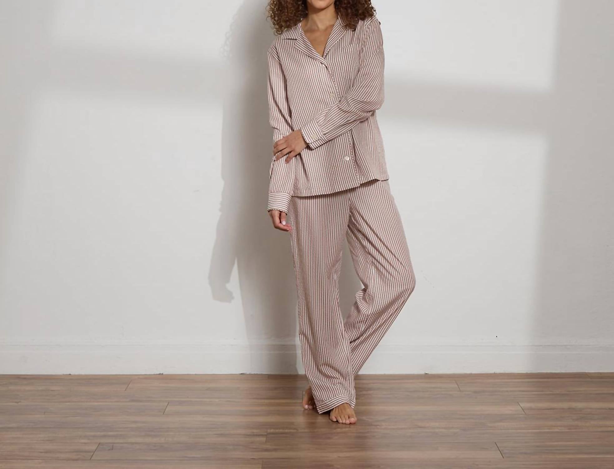 The Sleep Code Women's Ticking Stripe Long Pj Set in brown white - women's item