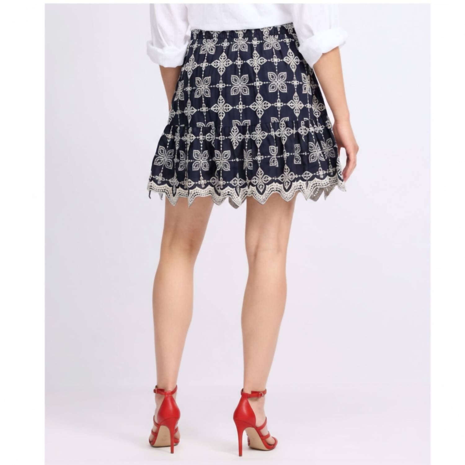 Skies Are Blue - Cotton Embroidered Ruffle Hem Skirt