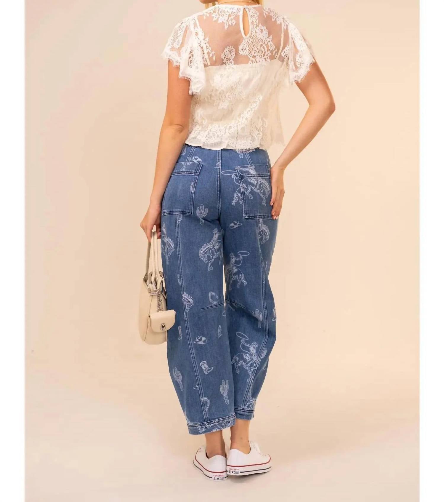 Blue B - Western Print Barrel Leg Denim Jean
