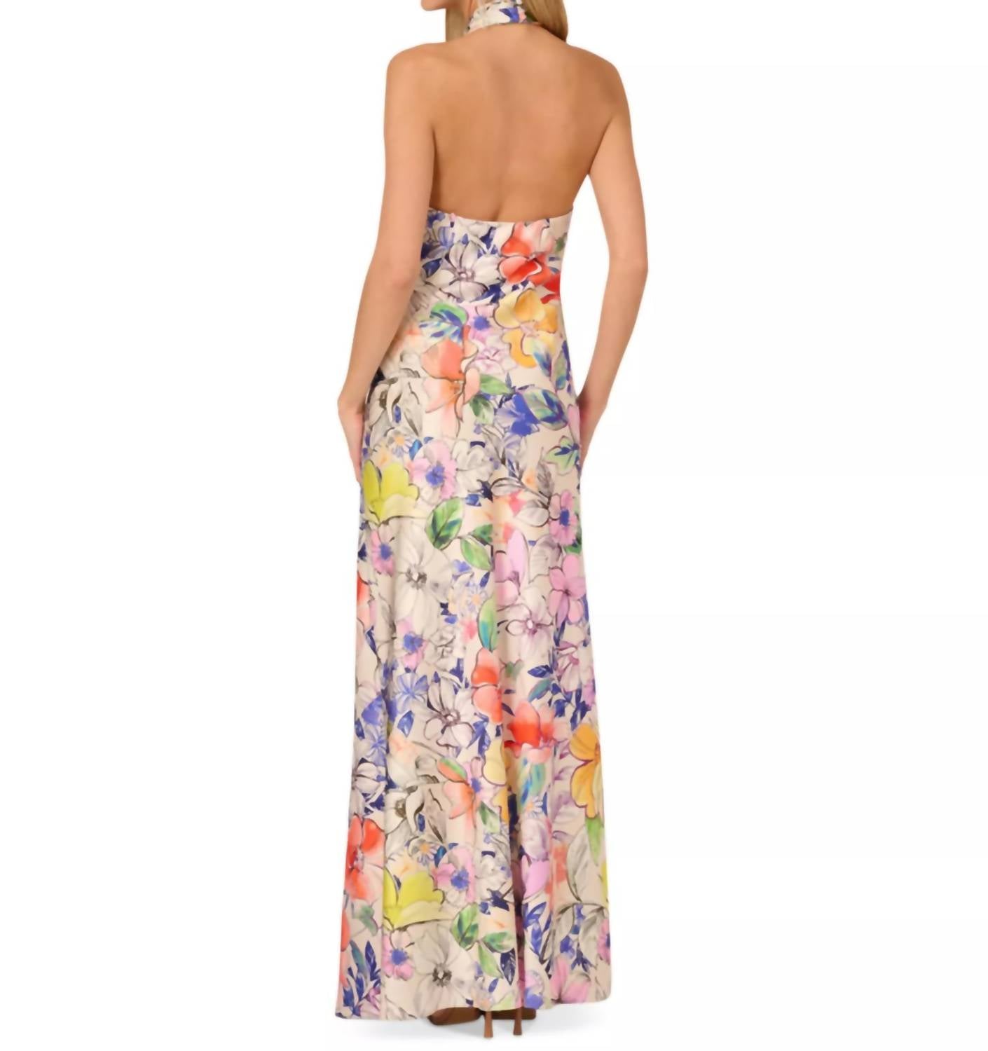 Adrianna Papell - Women's Printed Crossover Neck Satin Gown