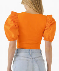 English Factory - Mixed Media Puff Sleeve Crop Top