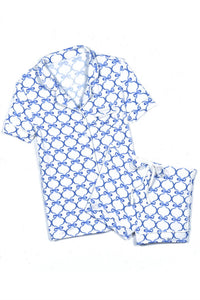 Katie J NYC Lynn Shorts Lounge Pajama Set in blue bows - kids' sleepwear - detail view
