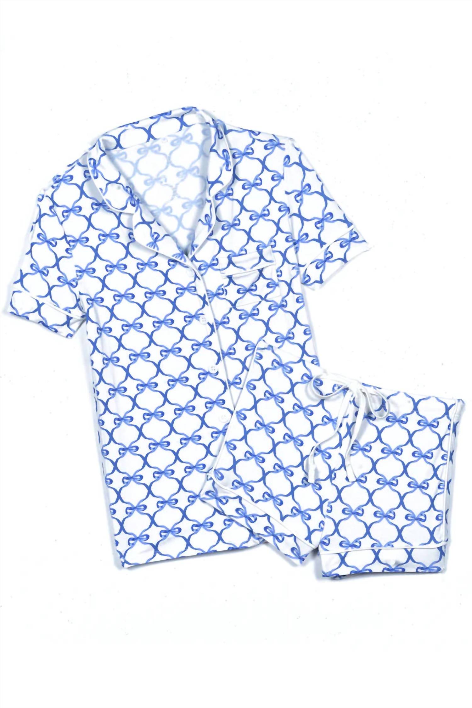 Katie J NYC Lynn Shorts Lounge Pajama Set in blue bows - kids' sleepwear - detail view