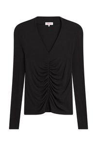 GOLDIE Fortuna Ruched V Neck Shirt in black - women's long sleeve top - alternate view