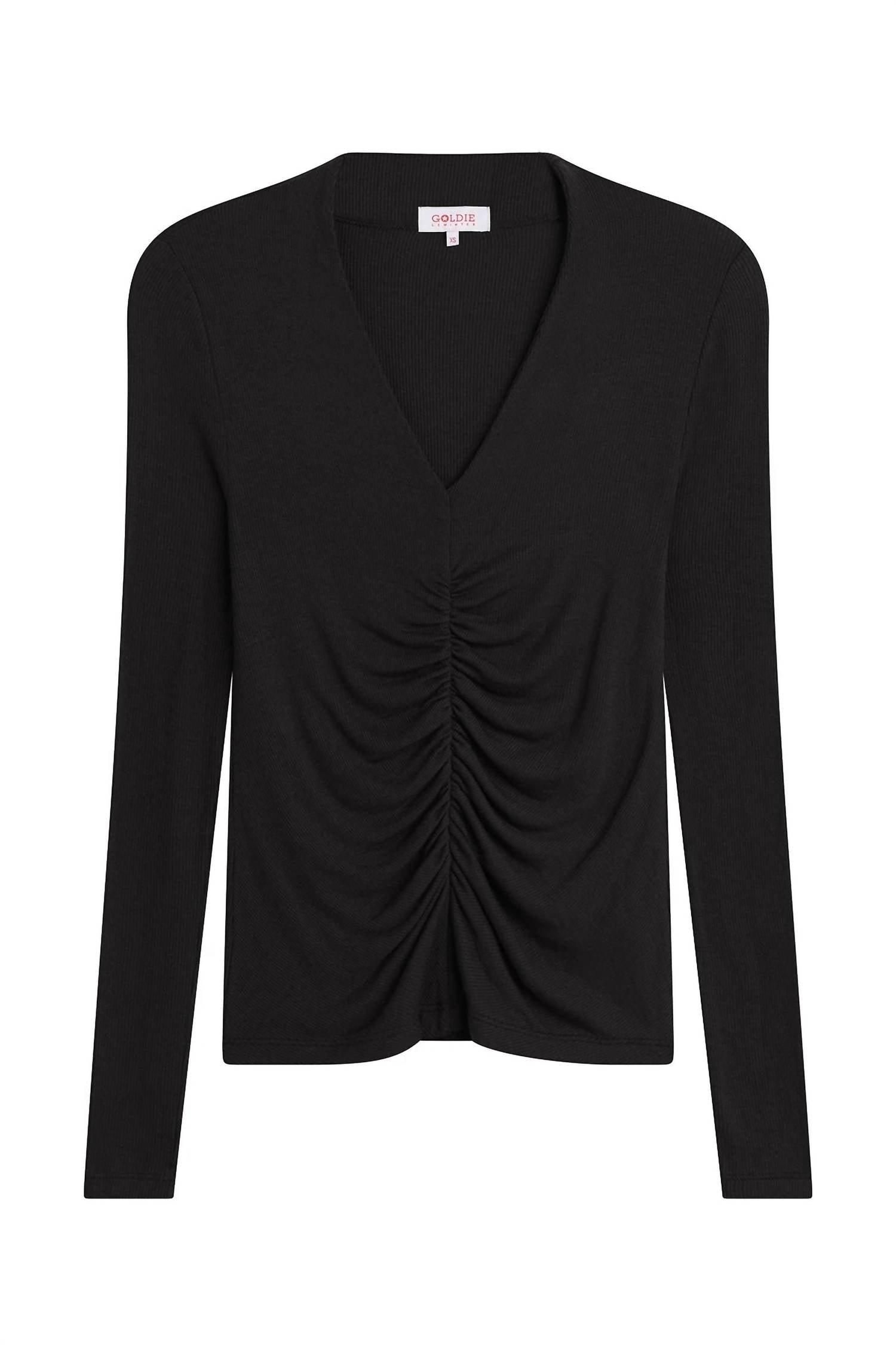 GOLDIE Fortuna Ruched V Neck Shirt in black - women's long sleeve top - alternate view