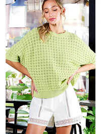 Vine & Love - Crew Neck Crochet Textured Knitted Sweater Top
