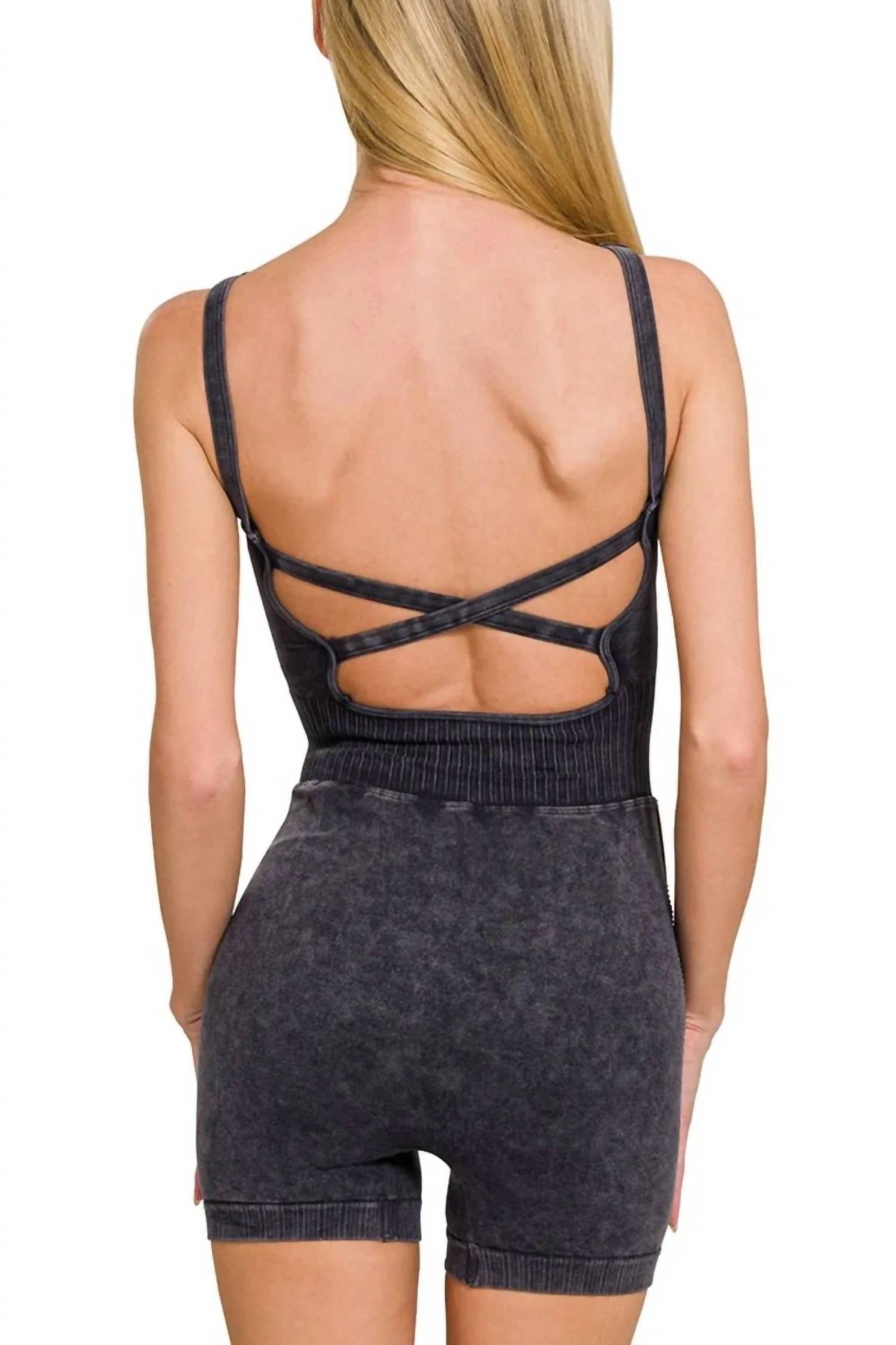 Zenana - Washed Sports Romper With Removable Bra Pad