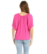 Karen Kane Paige Short Sleeve Ruffle Tie-neck Top in bright pink - women's blouse - detail view