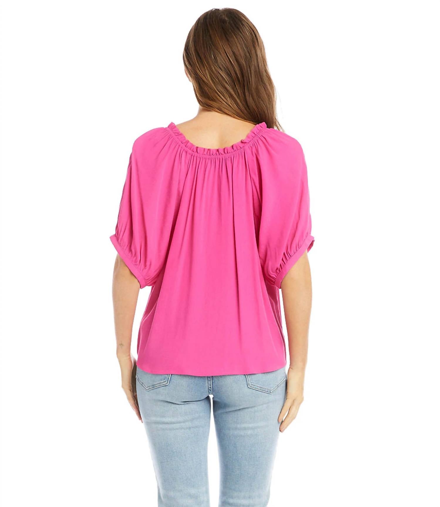 Karen Kane Paige Short Sleeve Ruffle Tie-neck Top in bright pink - women's blouse - detail view