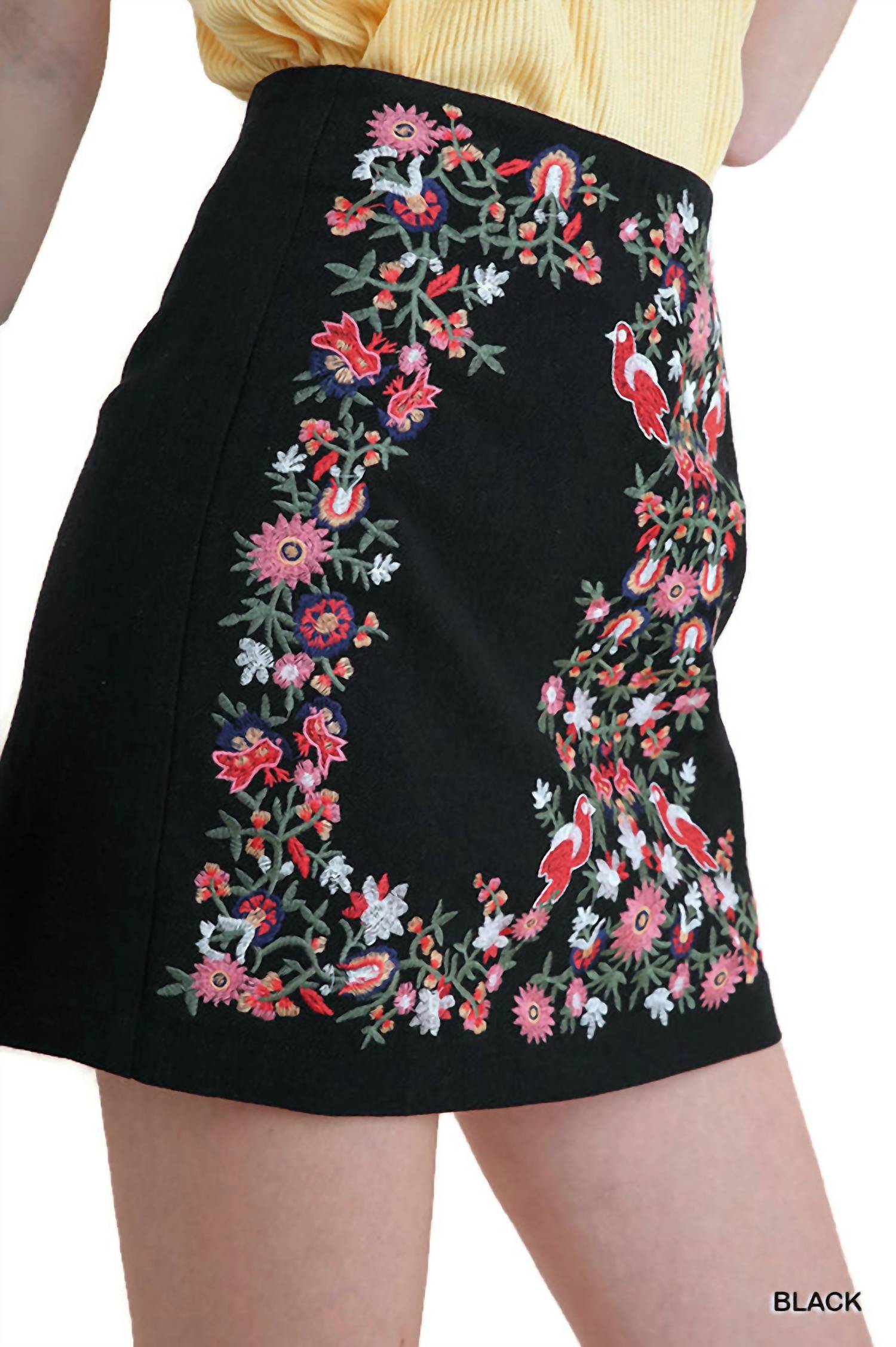 umgee Floral Embroidered High Waist Mini Skirt in black - women's skirt - alternate view