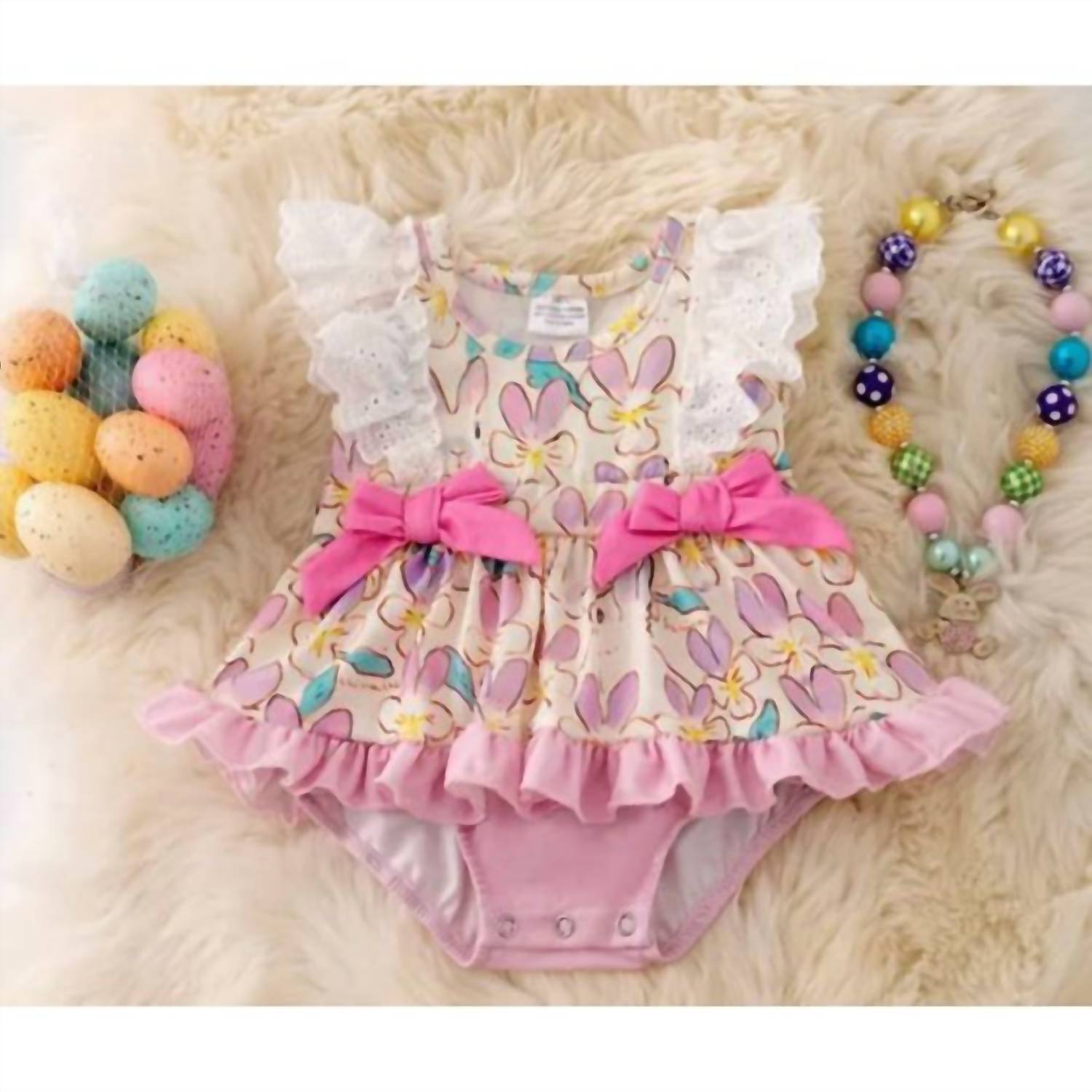 Kids Charm - Girls Floral Bunny Twirl Onesie with Side Bows