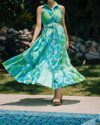 HEMANT & NANDITA Long Dress With Belt in green - women's dress - detail view