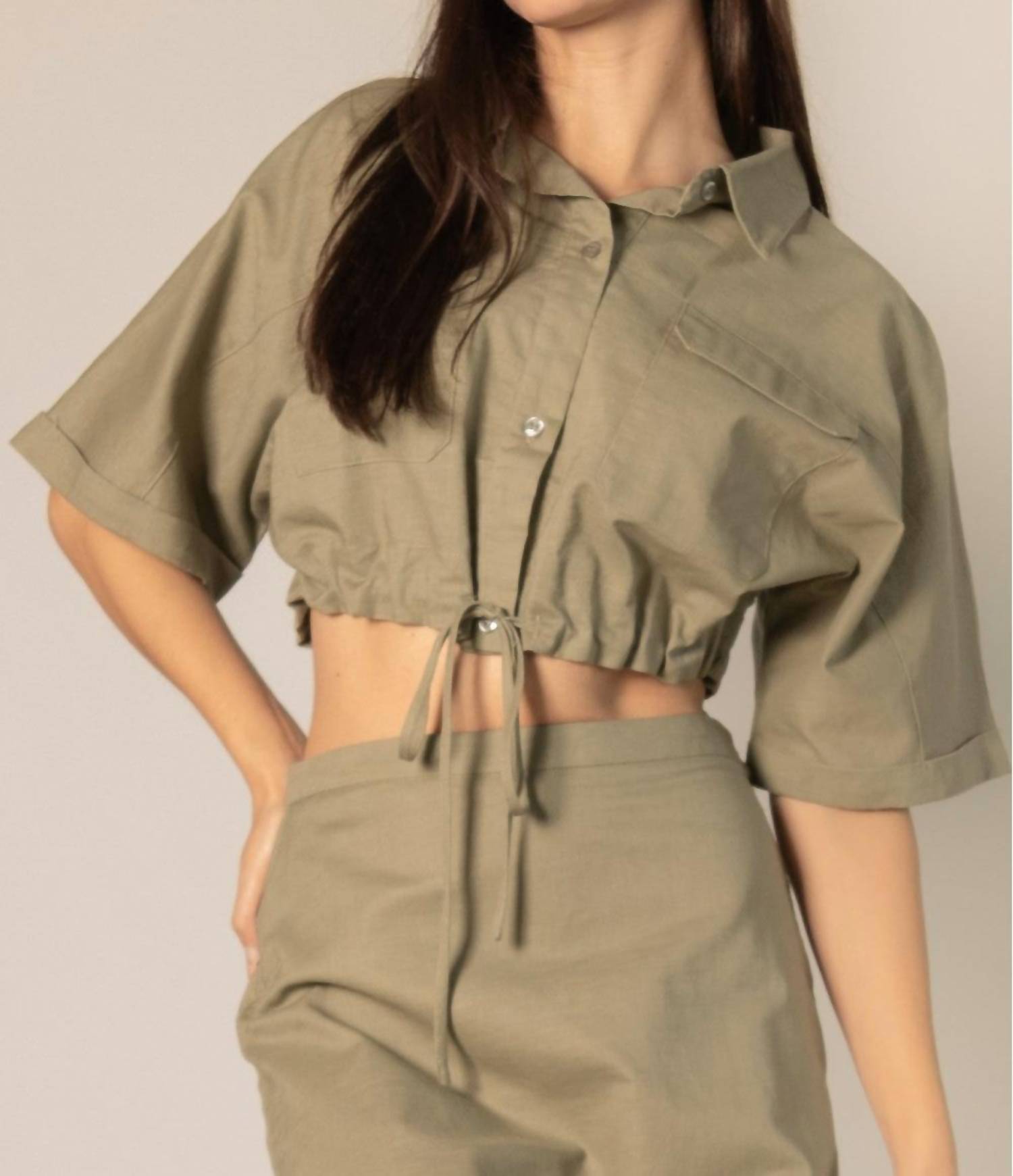Before You Collection Brynlee Linen Blend Drawstring Top in khaki - women's blouse