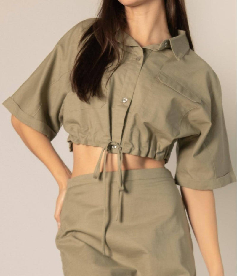 Before You Collection Brynlee Linen Blend Drawstring Top in khaki - women's blouse