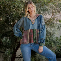 Young Threads - Denim Hoodie With Eclectic Plaid Fusion