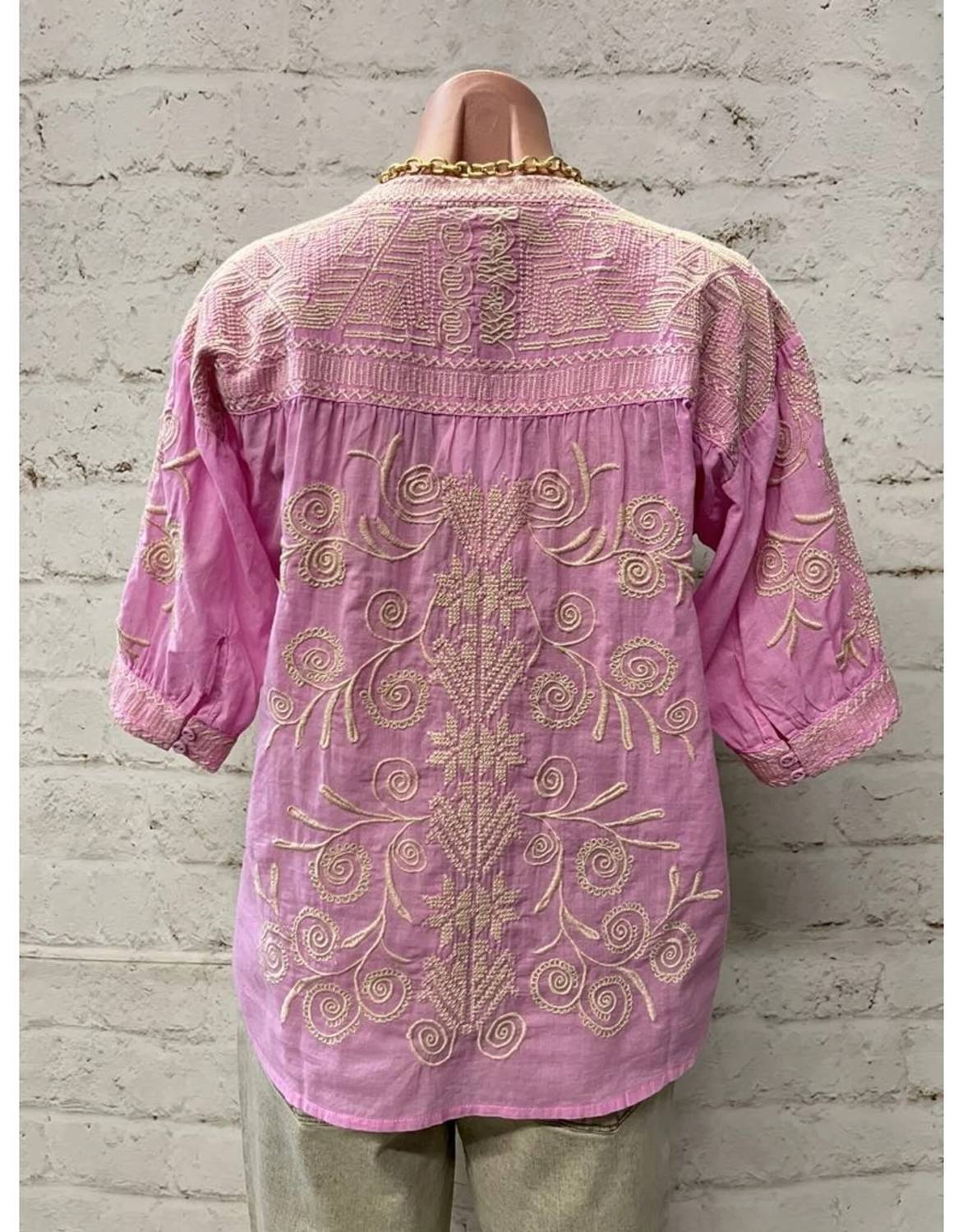 Johnny Was Women's Puff Sleeve Henley Blouse in pastel lavender - women's blouse - detail view