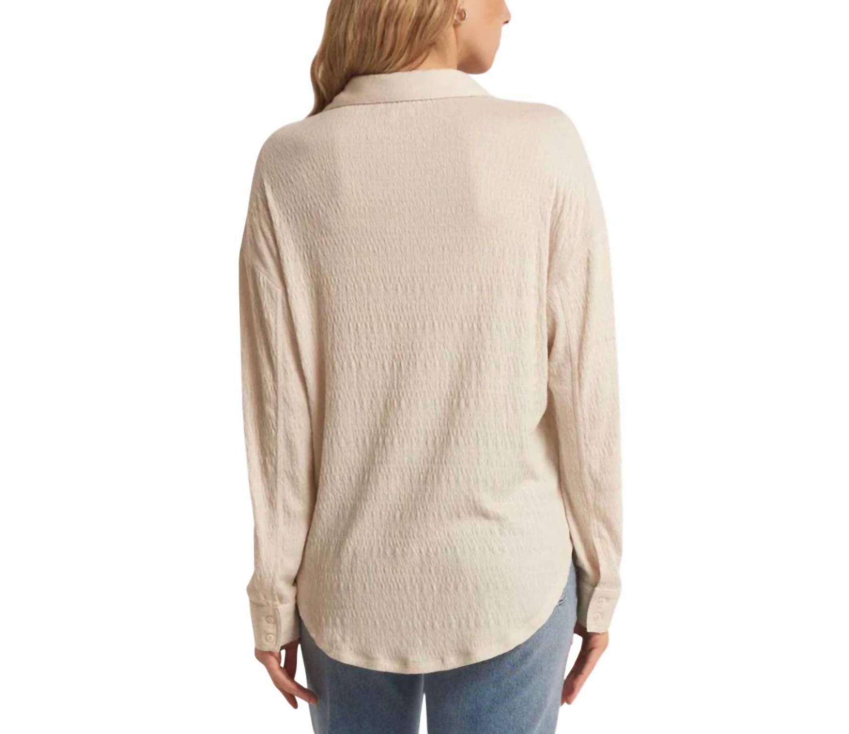 Z Supply Dawson Pucker Knit Shirt in tan - women's shirt - detail view