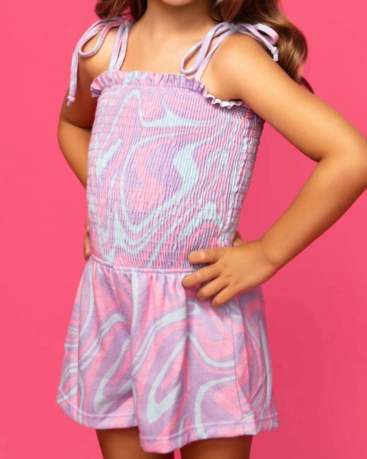 Mia - Girls Tie Strap Smocked Swirl Romper